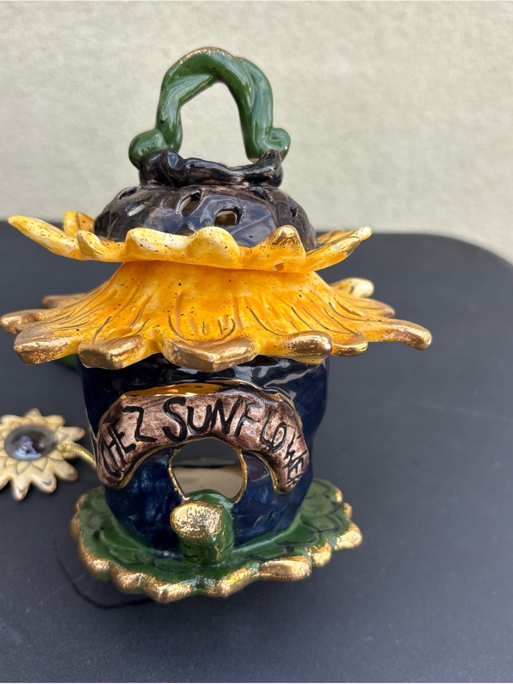 Blue Sky Yellow Sunflower Ceramic Lantern with Green Accents